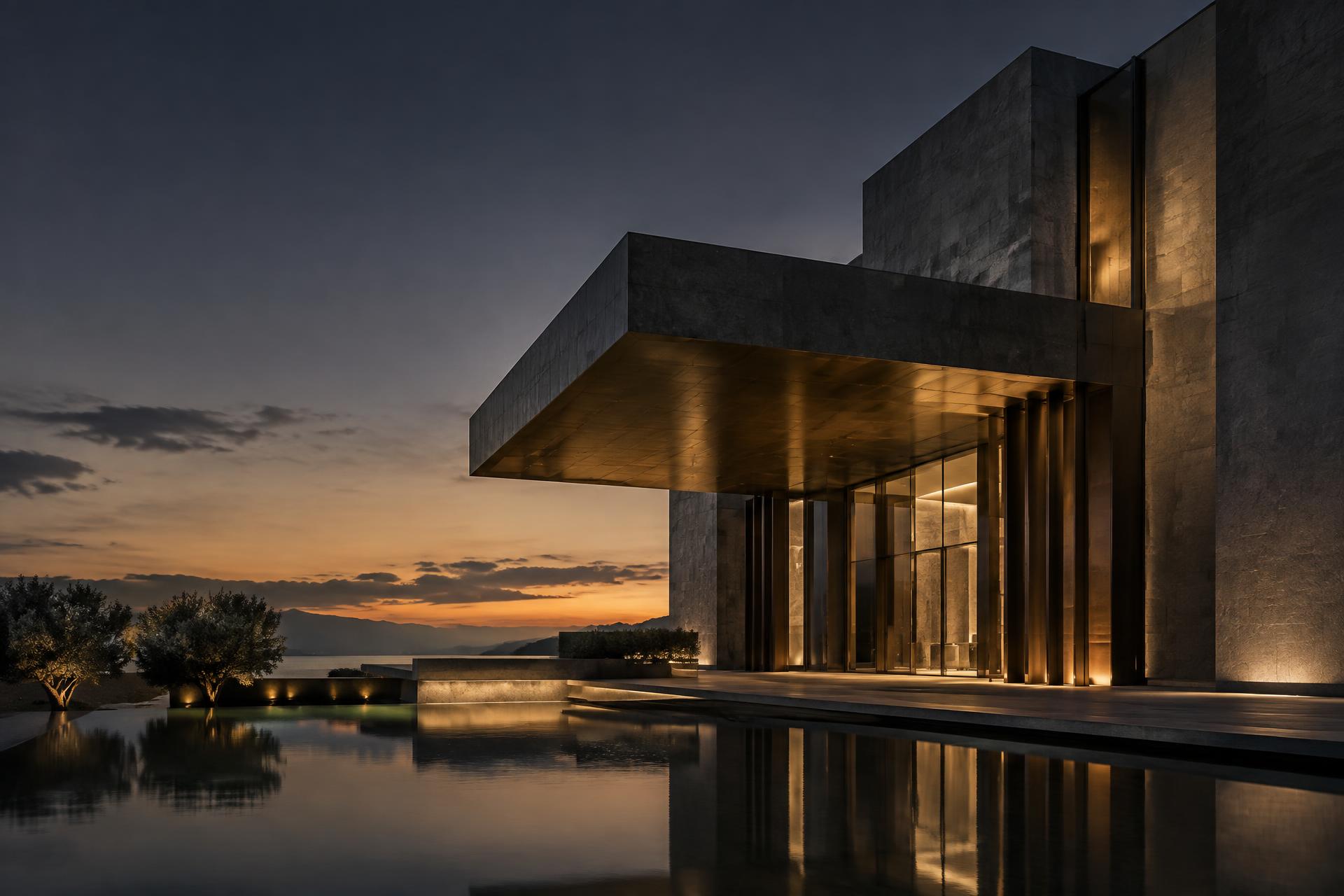 Monumental modern architecture at dusk